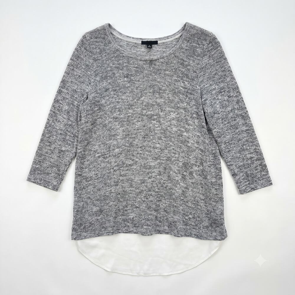 AB Studio Mixed Media Tunic Sweater Blouse Gray Ivory High Low Hem Womens Small